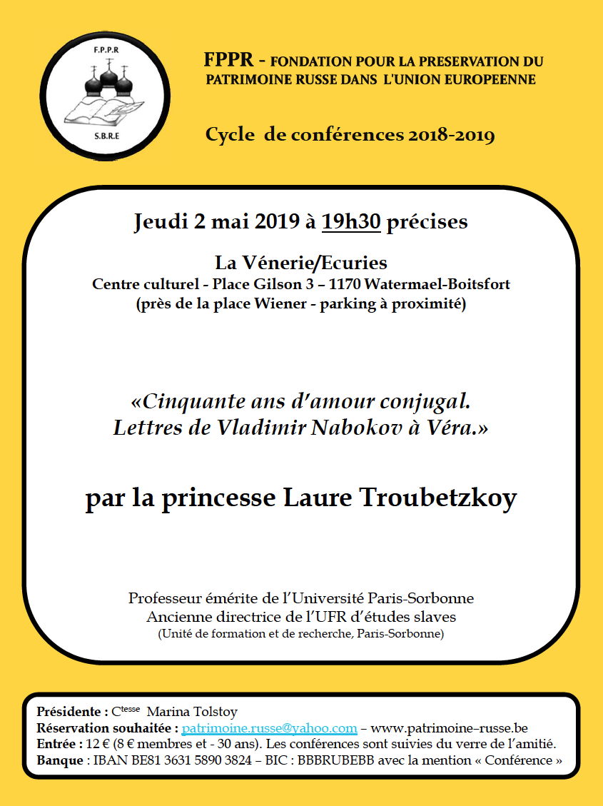 Affiche. FPPR. Cinquante ans d'amour conjugal. Lettres de Vladimir Nabokov à Véra, par Laure Troubetzkoy. 2019-05-02